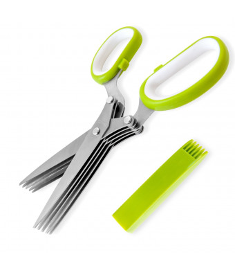 Jenaluca Herb Scissors Stainless Steel - Multipurpose Kitchen Shear with 5 Blades and Cover with Cleaning Comb