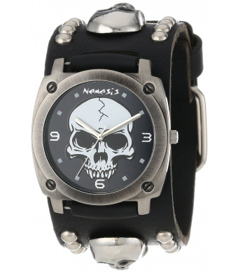 Nemesis Men's MSK926K Punk Rock Collection Black Heavy Duty Skull Leather Band Watch