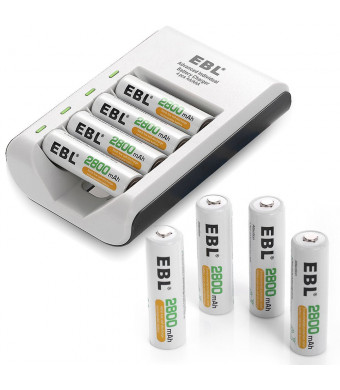 EBL 8 Packs AA 2800mAh Rechargeable Battery with 4 Bay / Slot Individual Battery Charging Support AA AAA Rechargeable Battery Charger