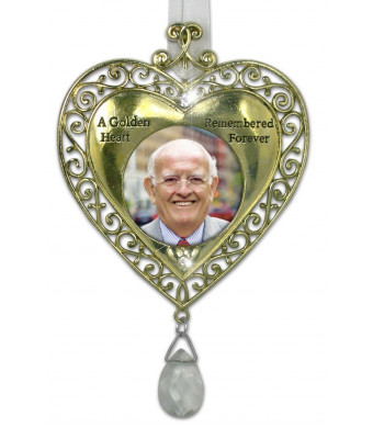 Golden Heart Bereavement Sympathy Remembrance Photo Ornament with Hanging Crystal - Metal - 4.5 Inch