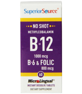 Superior Source No Shot Methylcobalamin Vitamin B12/B6/Folic Acid Tablets, 1000mcg/800 mcg, 60 Count
