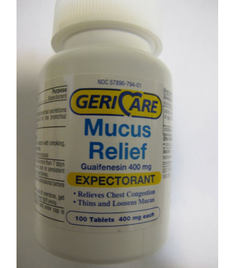 100 Count Bottle Expectorant Mucus Relief Guaifenesin 400mg active ingredient as in Mucinex Relieves Chest Congestion