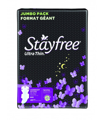 Stayfree Ultra Thin Pads Overnight with Wings, 40 Count