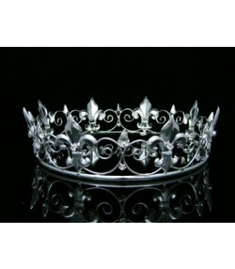 Men's Full King's Crown for Theather Prom Party - Clear Crystals Silver Plating T373