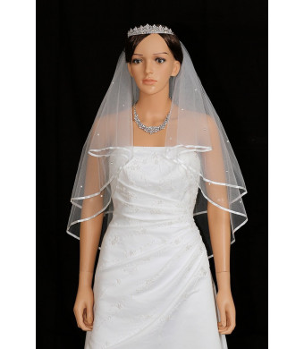 2T 2 Tier Ribbon Edge Center Gathered Rhinestone Crystal Bridal Wedding Veil - White Elbow Length 30" 