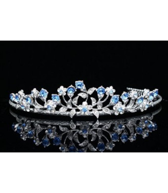 Floral Leaf Bridal Wedding Tiara Crown - Blue Crystals Silver Plating T662