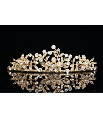 Flower Leaf Bridal Wedding Tiara Crown - Clear Crystals Gold Plating T656