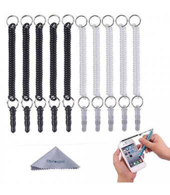 Stylus Tether, Wisdompro 10pcs Pack of Detachable Elastic Coil Tether Strings / Lanyards with 3.5mm earphone jack for Stylus Pens - Black / Clear