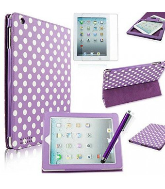 Fulland APPLE IPAD 2 3 4 Slim PU Leather Cover Case with 3-FOLD STAND And SMART SLEEP WAKE Plus Stylus Pen and Screen Protector-purple white dot