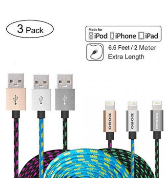 [Apple MFi Certified] Eoso [3-Pack] 6.6 Feet/2 M Extra Long Nylon Braided USB Cable with Aluminum Cap on 8 Pin Lightning Connector for 6S/6S Plus