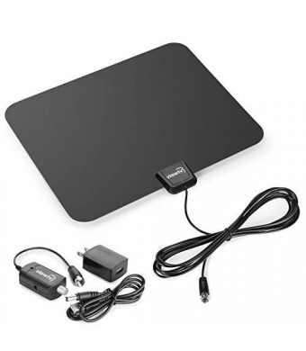 ViewTV Flat HD Digital Indoor Amplified TV Antenna - 50 Miles Range - Detachable Amplifier Signal Booster - 12ft Coax Cable - Black