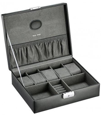 Paylak TS521BLK Black Leather Storage Valet Case for Watches and Jewelry Cuff Links
