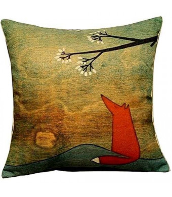 Leaveland Animal Series Cartoon Style the Lovely Fox Under the Tree Throw Pillow Case Decor Cushion Covers Square 18*18 Inch Beige Cotton Blend Linen