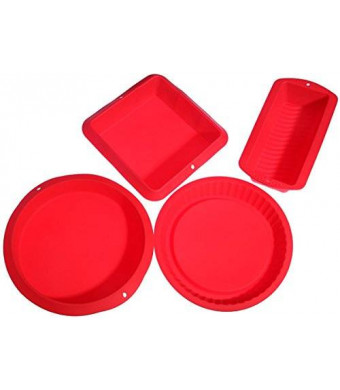 Juvale Red Silicone Bake Set - 4 High Quality Nonstick Slicone Bakeware - Round, Square, and Rectangular Shaped Loaf Pie Casserole Pan