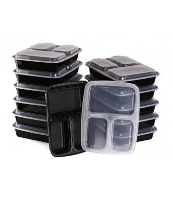 Estilo 3-Compartment Microwave Safe Food Container with Lid/Divided Plate/Bento Box/Lunch Tray with Cover, Black, 12-Pack
