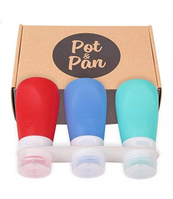 Pot&Pan Pack of 3 - Silicone Bottles (3 Ounces) - Kitchen, Travel, and General Use - Stands Upright