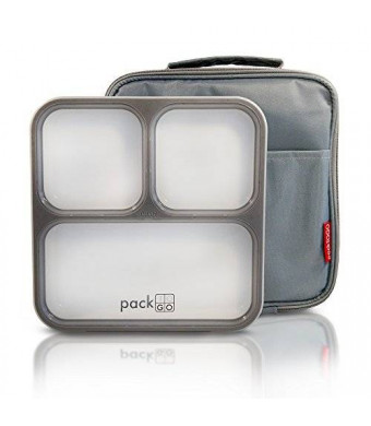 Packtogo Slimline Bento Lunch Box with Insulated Lunch Bag - Slim Design for Portion Control - ALL Three Compartments Leakproof (Dark Gray)