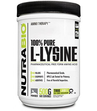 NutraBio 100% Pure L-Lysine Powder - 500 Grams