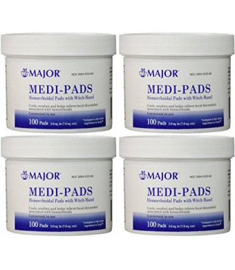 Medi-Pads Maximum Strength With Witch Hazel Hemorrhoidal Hygienic Cleansing Pads 100 Ct Jar Compare to Tucks Pack of 4 Jars Total 400 Pads (4)