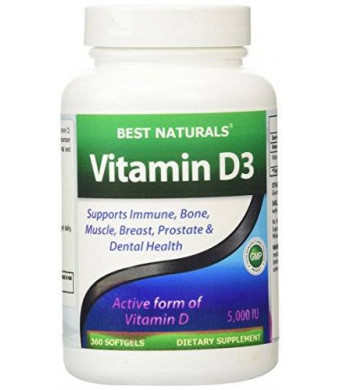 Vitamin D3 Supplement by Best Naturals - GMO-free, Preservative-free, USP Grade  Natural Vitamin D (360 Softgels, 5000 IU)
