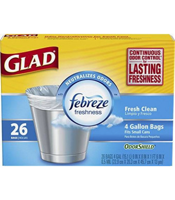Glad OdorShield Small Trash Bags, Fresh Clean, 4 Gallon, 26 Count (Pack of 6)