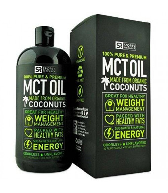 Sports Research Premium MCT Oil made from ONLY Organic Coconuts (32oz BPA-free bottle); Packed with Healthy Fats for Sustained Energy ; Odorless