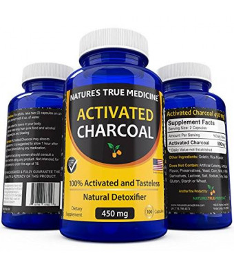Natures True Medicine Best Activated Charcoal Capsules (450 Mg Supplement) -Detox Naturally and Safely. Reduce gas