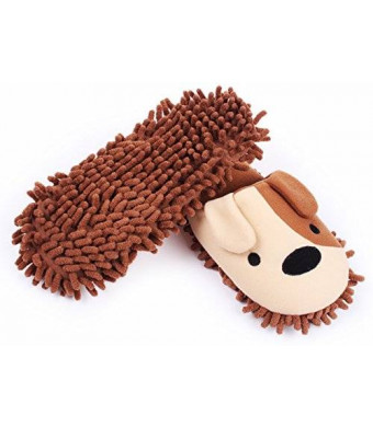 HomeTop Plush Fluffy Cute Animal Microfiber Mop Cleaning House Slippers, Shoes For Women 8-9 (L, Brown / White Dog)