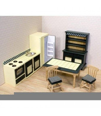 Melissa & Doug Classic Wooden Dollhouse Kitchen Furniture (7 pcs) - Buttery Yellow/Deep Green