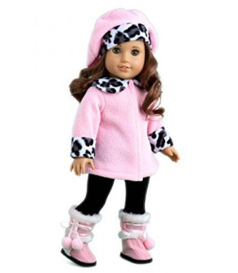 DreamWorld Collections Elegance - Pink fleece coat, matching hat, brown pants and sherpa boots - American Girl Doll Clothes