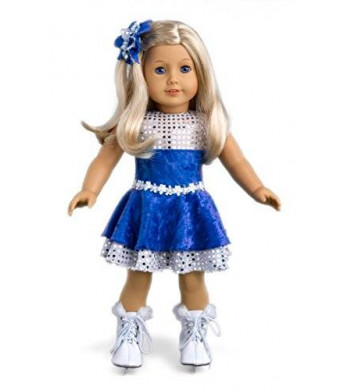 DreamWorld Collections Ice Dancer - Ice Skating Outfit Includes Blue Leotard with Double Blue and Silver Ruffle Skirt