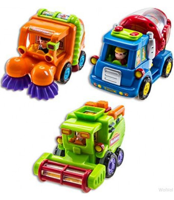 WolVol (Set of 3) Push and Go Friction Powered Car Toys, Street sweeper truck, Cement mixer truck, Harvester toy truck - Great Gift Toys for Boys