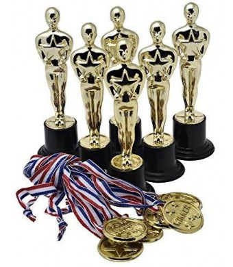 Prextex Gold 6'' Award Trophies (12 Pack) with 12 Gold Winner Medals for Ceremonies or Parties