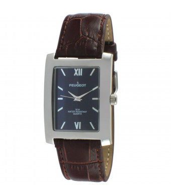 Peugeot Men's Vintage Rectangular Silver Leather Strap Watch