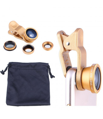 Evershop Universal 4 in 1 iPhone Camera Lens Kit Clip on Fish Eye Lens + 2 in 1 Macro Lens + Wide Angle Lens + CPL Lens Camera Lens Kit for Smart Phones (Gold)