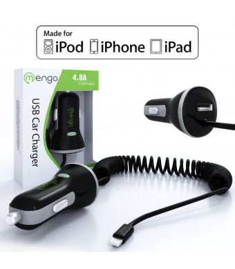 iPhone Car Charger, Mengo [ Apple MFI Certified] 24W/4.8A Tangle-Free Coiled Car Charger for iPhon