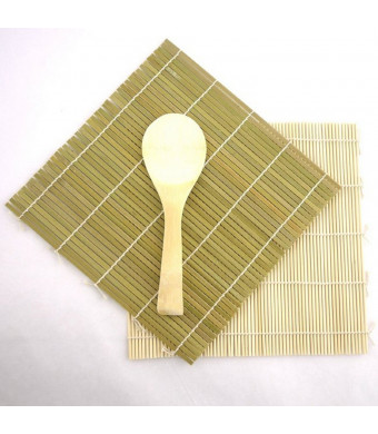 JapanBargain Green/Yellow Bamboo Sushi Kit Rolling Mat With Rice Paddle Set