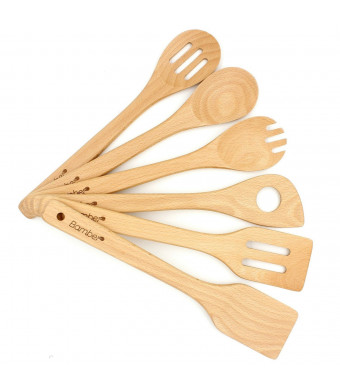 Bamber Solid Wood Cooking Spoons and Spatulas, Non Stick Wooden Spoon Set, Kitchen Tools, Cooking Utensil Set, Easy to Wash, Pack of 6 - Beechwood