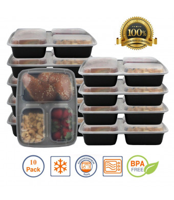 Pakkon 3 Compartment Bento Box / Durable Plastic Lunch Container with Airtight Lid • Use For 21 Day Fix, Meal Prep and Portion Control • Lunch Box For Kids and Adults [10 pack]