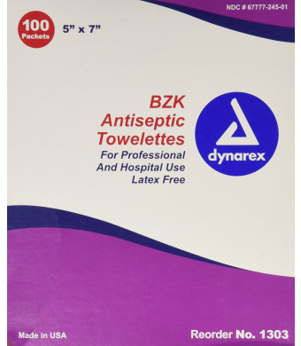Dynarex BZK Antiseptic Cleansing Towlettes, 100 packaged towlettes, 5"x 7"