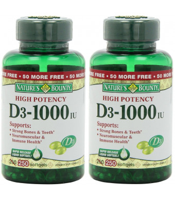 Nature's Bounty Vitamin D3-1000 IU, 500 Softgels (2 X 250 Count Bottles)