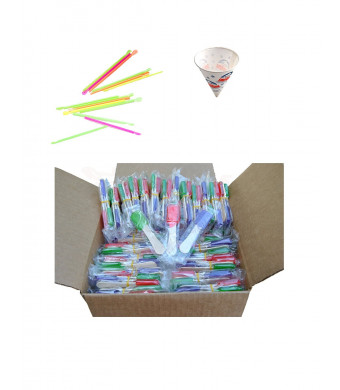 Perfect Stix Snow Cone Cup Kit - 50ct Snow Cone Kit with 50 Cups, 50 Neon Straws and 50 Snow Cone Candy Spoons (Pack of 150)