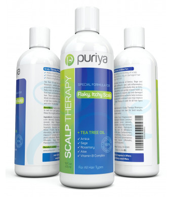 Puriya Natural Dandruff Shampoo (16oz) with Potent Tea Tree, Vitamin and More. Combats itchy, Flaky and D