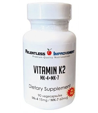 Relentless Improvement Vitamin K2 MK-4 15mg + MK-7 60mcg. 90 Vegecaps. Clinically Supported Dose
