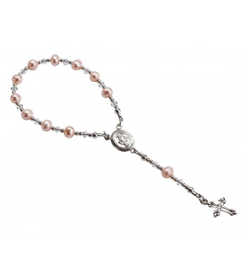 Precious Pieces Sterling Silver Baby Rosary with Pink Freshwater Pearls for Baptism Gift for Infant