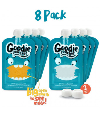 Reusable Food Pouch for Baby Toddler and Kids - 8 Pack by GOODIE POUCHES - Homemade Puree and Smoothie Squeeze Pouches - Easy Fill and Clean. Best Eco Friendly Refillable Meal Snack Solution. (8 Pack)