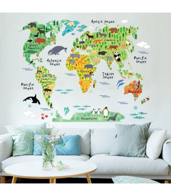 RRRLJL Variety Animals World Map Wall Decals Sticker for Kids Room Home Decoration