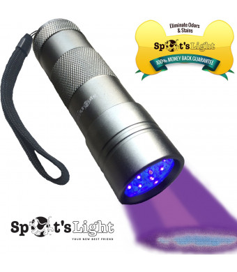 Spot's Light UV Blacklight Flashlight, Silver 12 LED, Ultraviolet Pet Urine Stain Detector Finds Dog and Cat Pee on Carpets, Rugs, any Floor or Wall