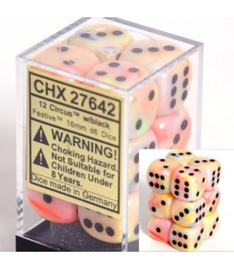 Chessex Dice d6 Sets: Festive Circus with Black - 16mm Six Sided Die (12) Block of Dice