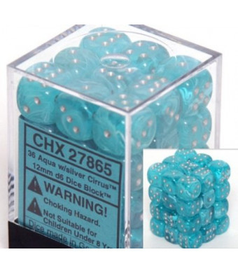 Chessex Dice d6 Sets: Cirrus Aqua with Silver - 12mm Six Sided Die (36) Block of Dice